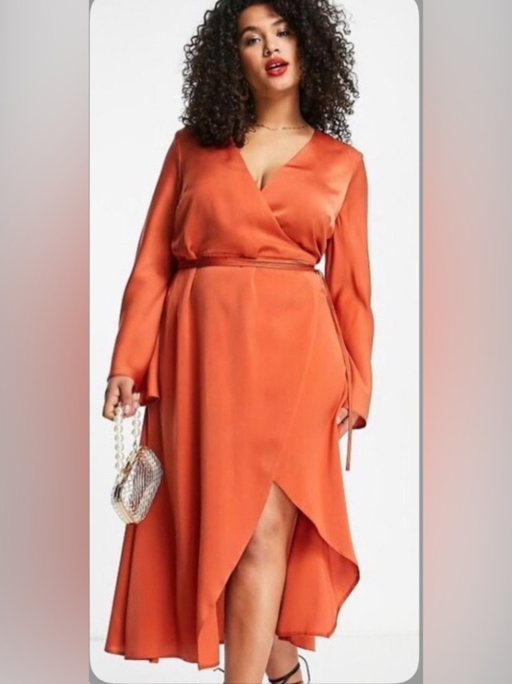ASOS Rust Orange Wrap Midi Dress with Long Bell Sleeves